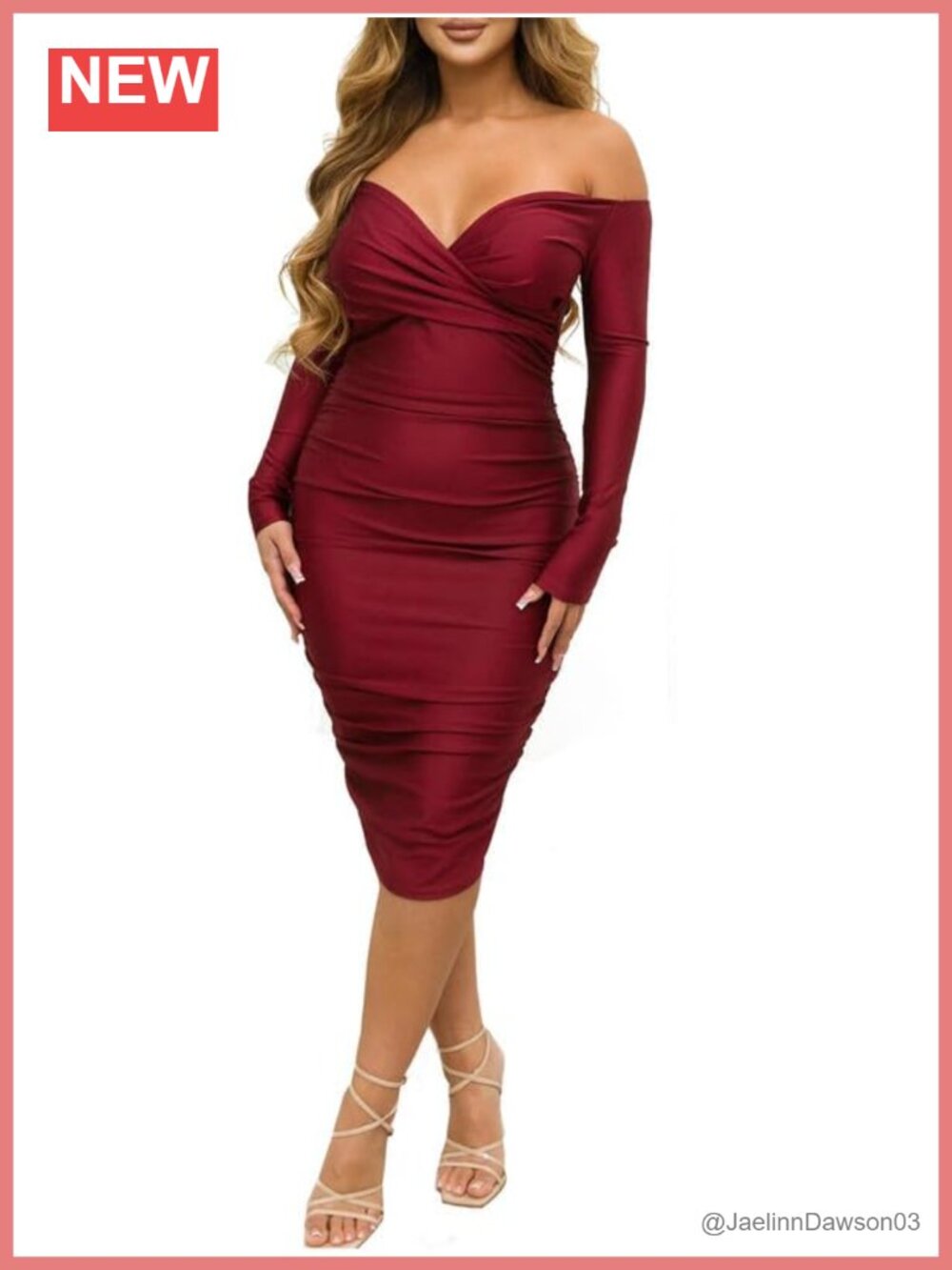 Women's Long Sleeve Off Shoulder Ruched Bodycon Midi Party Club Dress
